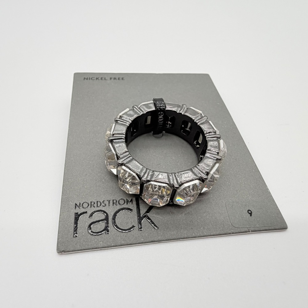 Nordstrom Rack Hematite Tone Clear Crystal Eternity Band Ring Size 9